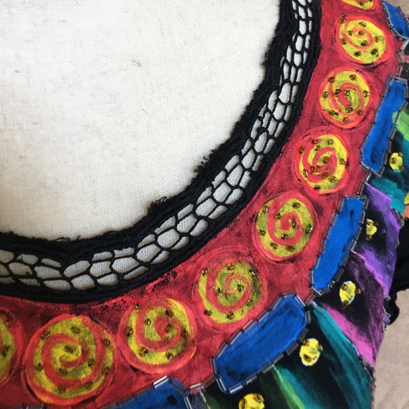 Vintage 90s T Jehnsen Inc Black Hand Painted Mexican Style Top Sequins Rainbow L - Picture 2 of 8
